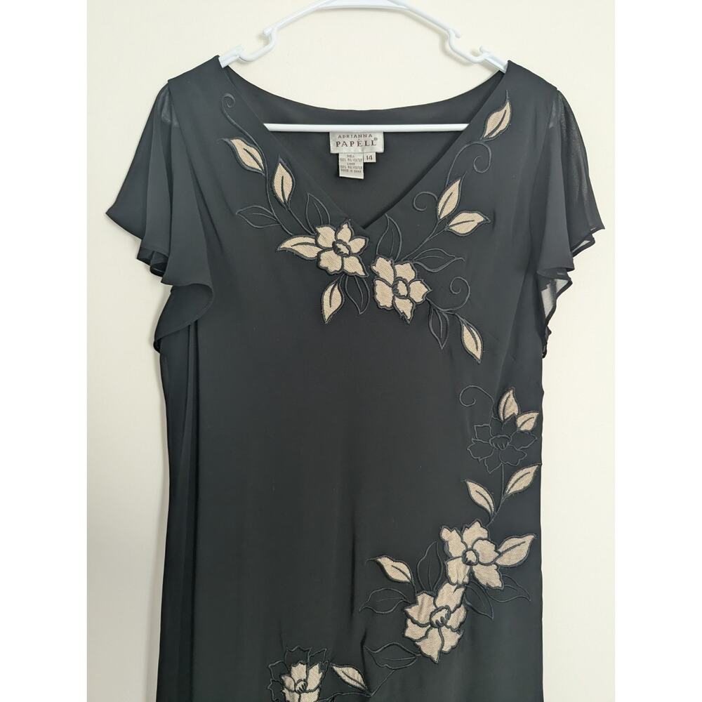 Adrianna Papell Black Chiffon Floral Appliqué Dress Size 14 Formal Evening Chic